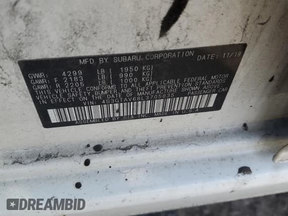 ✅ 2020 Subaru Impreza Premium • VIN: 4S3GTAV68L3705835 • Lot: 81859905. Listed on Copart with Not provided. Free auction sales archive from the USA and detailed vehicle history report at DreamBid. Image 13.