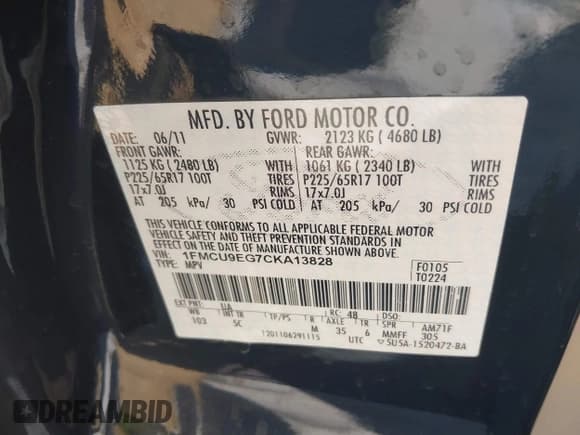 ✅ 2012 Ford Escape Limited • VIN: 1FMCU9EG7CKA13828 • Lot: 43419755. Listed on IAAI with 166,752 mi. Free auction sales archive from the USA and detailed vehicle history report at DreamBid. Image 9.