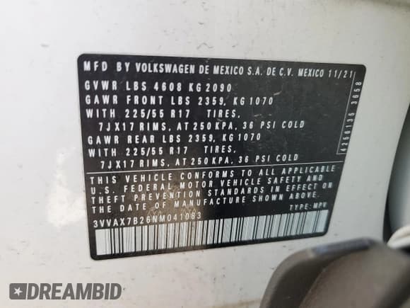 ✅ 2022 Volkswagen Taos S • VIN: 3VVAX7B26NM041083 • Лот: 52490465. Опубликован ранее на Copart с пробегом 42 495 миль. Бесплатный доступ к архиву аукционных продаж из США и подробный отчёт об истории автомобиля на DreamBid. Изображение 12.