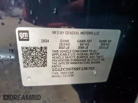 2025 Chevrolet Malibu LS with VIN 1G1ZC5ST5SF136703, listed as a Copart auction lot 83860005 with 41,911 mi miles and Salvage title. Bid and sale history available at DreamBid. Image 12.