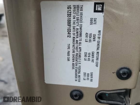 2006 Chevrolet Malibu 1FL with VIN 1G1ZS51886F103412, listed as a Copart auction lot 81873885 with 149,566 mi miles and Salvage title. Bid and sale history available at DreamBid. Image 12.