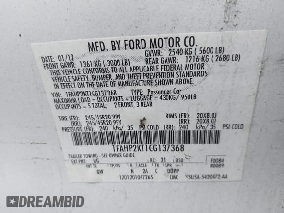 ✅ 2012 Ford Taurus SHO • VIN: 1FAHP2KT1CG137368 • Лот: 43058078. Опубликован ранее на IAAI с пробегом 201 500 миль. Бесплатный доступ к архиву аукционных продаж из США и подробный отчёт об истории автомобиля на DreamBid. Изображение 9.