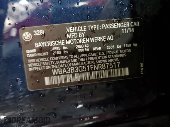 ✅ 2015 BMW 3 Series 328i xDrive • VIN: WBA3B3G51FNR87517 • Lot: 84065705. Listed on Copart with 115,351 mi. Free auction sales archive from the USA and detailed vehicle history report at DreamBid. Image 12.