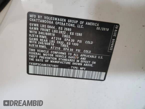 ✅ 2019 Volkswagen Atlas SE • VIN: 1V2DP2CA9KC571631 • Lot: 55625774. Listed on Copart with 47,065 mi. Free auction sales archive from the USA and detailed vehicle history report at DreamBid. Image 13.