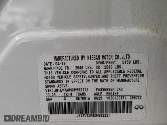 ✅ 2019 Infiniti Q50 Signature Edition • VIN: JN1EV7AR9KM592221 • Lot: 87242935. Listed on Copart with Not provided. Free auction sales archive from the USA and detailed vehicle history report at DreamBid. Image 12.