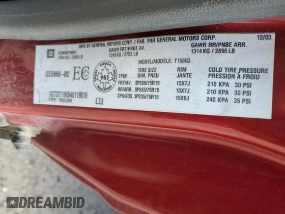 ✅ 2004 GMC Canyon SLE Z71 • VIN: 1GTDT196848119816 • Lot: 68393345. Listed on Copart with 206,528 mi. Free auction sales archive from the USA and detailed vehicle history report at DreamBid. Image 13.