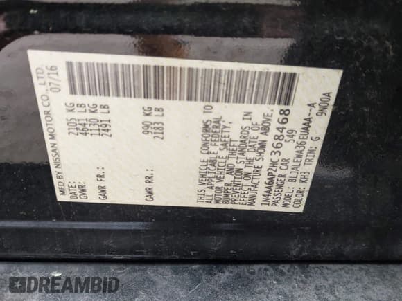 ✅ 2017 Nissan Maxima SV • VIN: 1N4AA6AP2HC368468 • Lot: 41919993. Listed on IAAI with 96,772 mi. Free auction sales archive from the USA and detailed vehicle history report at DreamBid. Image 9.