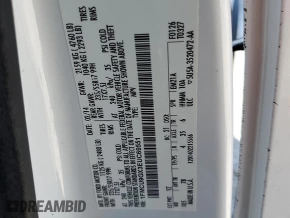 ✅ 2014 Ford Escape SE • VIN: 1FMCU9GX3EUC69551 • Лот: 86431725. Опубликован ранее на Copart с пробегом Не указан. Бесплатный доступ к архиву аукционных продаж из США и подробный отчёт об истории автомобиля на DreamBid. Изображение 13.