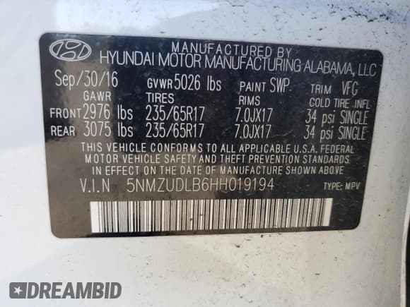 ✅ 2017 Hyundai Santa Fe 2.4L • VIN: 5NMZUDLB6HH019194 • Lot: 86827415. Listed on Copart with 93,700 mi. Free auction sales archive from the USA and detailed vehicle history report at DreamBid. Image 12.