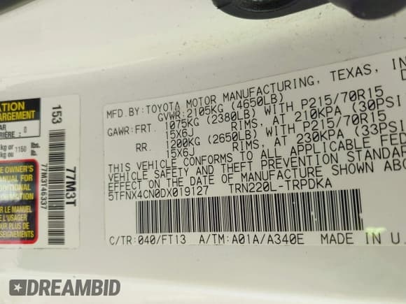 ✅ 2013 Toyota Tacoma • VIN: 5TFNX4CN0DX019127 • Lot: 42640486. Wystawiony na IAAI z przebiegiem 234 249 mil. Bezpłatny archiwum sprzedaży aukcyjnych z USA i szczegółowy raport historii pojazdu na DreamBid. Zdjęcie 9.