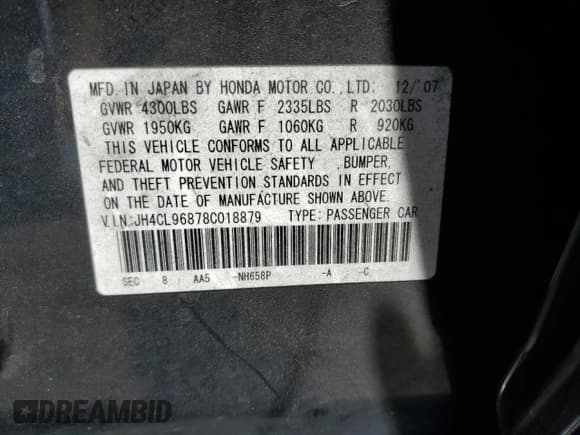 ✅ 2008 Acura TSX • VIN: JH4CL96878C018879 • Lot: 60320255. Listed on Copart with 194,494 mi. Free auction sales archive from the USA and detailed vehicle history report at DreamBid. Image 12.