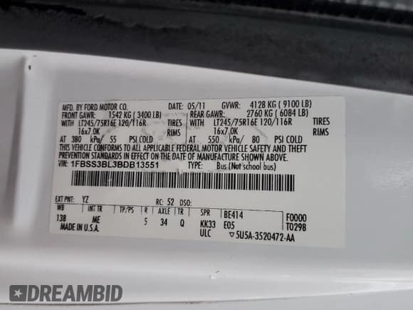 ✅ 2011 Ford Econoline Passenger XL • VIN: 1FBSS3BL3BDB13551 • Lot: 92100995. Listed on Copart with 159,859 mi. Free auction sales archive from the USA and detailed vehicle history report at DreamBid. Image 13.