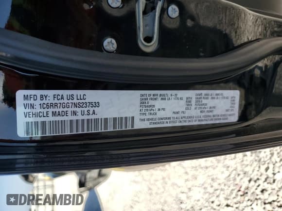 ✅ 2022 Ram 1500 Warlock • VIN: 1C6RR7GG7NS237533 • Lot: 84200675. Listed on Copart with 84,523 mi. Free auction sales archive from the USA and detailed vehicle history report at DreamBid. Image 12.