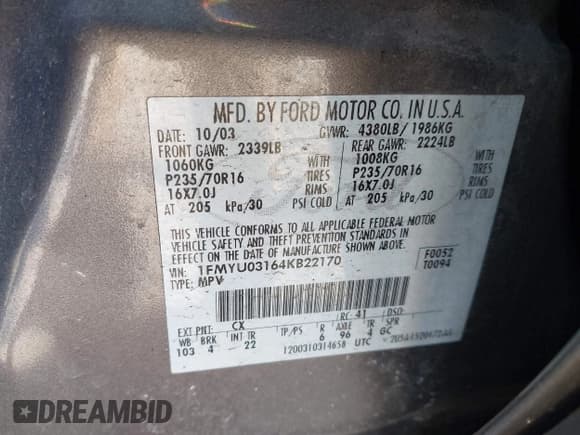 ✅ 2004 Ford Escape XLT • VIN: 1FMYU03164KB22170 • Lot: 41991801. Listed on IAAI with 170,492 mi. Free auction sales archive from the USA and detailed vehicle history report at DreamBid. Image 9.