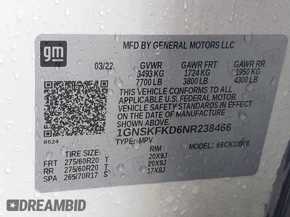 ✅ 2022 Chevrolet Suburban Premier • VIN: 1GNSKFKD6NR238466 • Lot: 41761510. Wystawiony na IAAI z przebiegiem 66 128 mil. Bezpłatny archiwum sprzedaży aukcyjnych z USA i szczegółowy raport historii pojazdu na DreamBid. Zdjęcie 9.