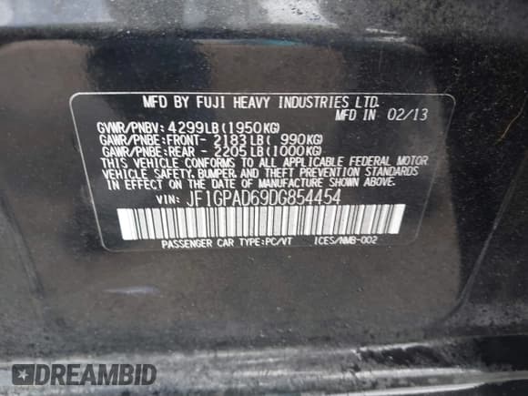 ✅ 2013 Subaru Impreza Premium • VIN: JF1GPAD69DG854454 • Lot: 43311453. Listed on IAAI with 139,402 mi. Free auction sales archive from the USA and detailed vehicle history report at DreamBid. Image 9.