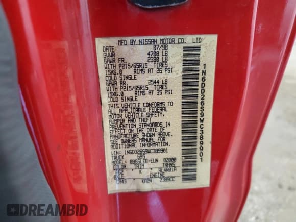 ✅ 1998 Nissan Frontier XE • VIN: 1N6DD26S9WC389901 • Лот: 91257515. Опубликован ранее на Copart с пробегом 236 006 миль. Бесплатный доступ к архиву аукционных продаж из США и подробный отчёт об истории автомобиля на DreamBid. Изображение 12.