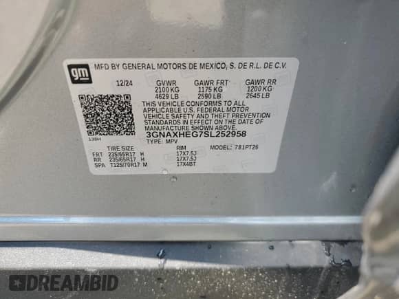 2025 Chevrolet Equinox FWD LT with VIN 3GNAXHEG7SL252958, listed as a Copart auction lot 58411535 with 1,028 mi miles and Salvage title. Bid and sale history available at DreamBid. Image 14.