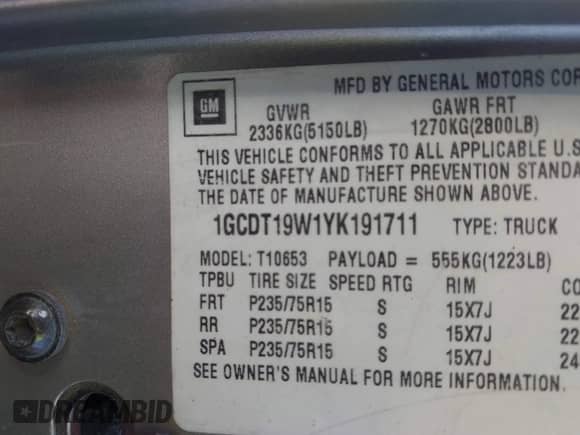 2000 Chevrolet S-10 LS с VIN 1GCDT19W1YK191711, выставлен на аукционе IAAI как лот 43329054 с пробегом 180 643 миль миль и . История ставок и продаж доступна на DreamBid. Изображение 9.