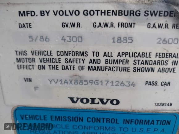 ✅ 1986 Volvo 240 DL • VIN: YV1AX8859G1712634 • Lot: 42478293. Listed on IAAI with 238,118 mi. Free auction sales archive from the USA and detailed vehicle history report at DreamBid. Image 9.