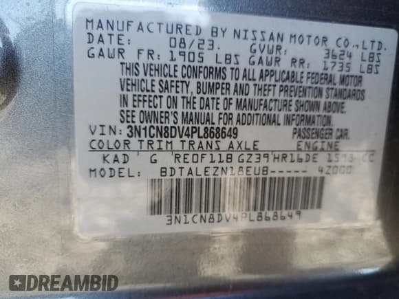 ✅ 2023 Nissan Versa S • VIN: 3N1CN8DV4PL868649 • Lot: 90704545. Listed on Copart with 12,368 mi. Free auction sales archive from the USA and detailed vehicle history report at DreamBid. Image 12.