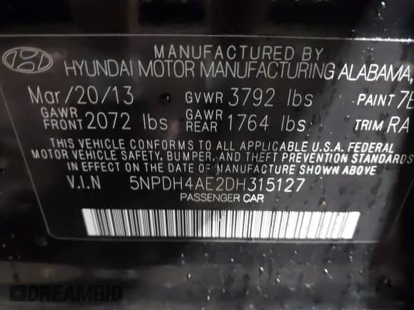 2013 Hyundai Elantra Limited z VIN 5NPDH4AE2DH315127, wystawiony jako IAAI lot #43425865 z przebiegiem 129 028 mil mil oraz . Historia ofert i sprzedaży dostępna na DreamBid. Obrazek 9.