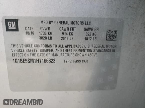 ✅ 2017 Chevrolet Cruze LT • VIN: 1G1BE5SM1H7166823 • Lot: 69424722. Listed on Copart with 84,606 mi. Free auction sales archive from the USA and detailed vehicle history report at DreamBid. Image 13.