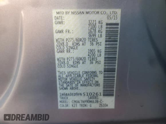 ✅ 2015 Nissan Titan SL • VIN: 1N6BA0ED9FN510261 • Lot: 81218235. Listed on Copart with 108,497 mi. Free auction sales archive from the USA and detailed vehicle history report at DreamBid. Image 12.