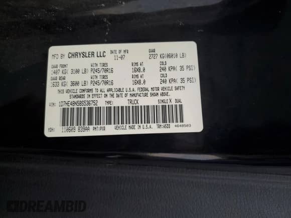 2008 Dodge Dakota SLT with VIN 1D7HE48N58S536752, listed as a Copart auction lot 79686974 with 220,024 mi miles and Salvage title. Bid and sale history available at DreamBid. Image 12.