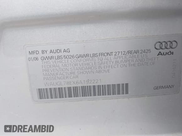 ✅ 2006 Audi S4 • VIN: WAUGL78EX6A192221 • Lot: 42724318. Listed on IAAI with 139,303 mi. Free auction sales archive from the USA and detailed vehicle history report at DreamBid. Image 9.