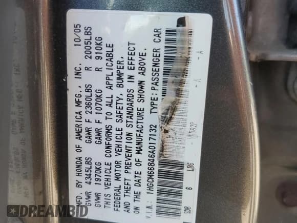 ✅ 2006 Honda Accord EX-L • VIN: 1HGCM66846A017132 • Лот: 70455095. Опубликован ранее на Copart с пробегом 180 489 миль. Бесплатный доступ к архиву аукционных продаж из США и подробный отчёт об истории автомобиля на DreamBid. Изображение 13.