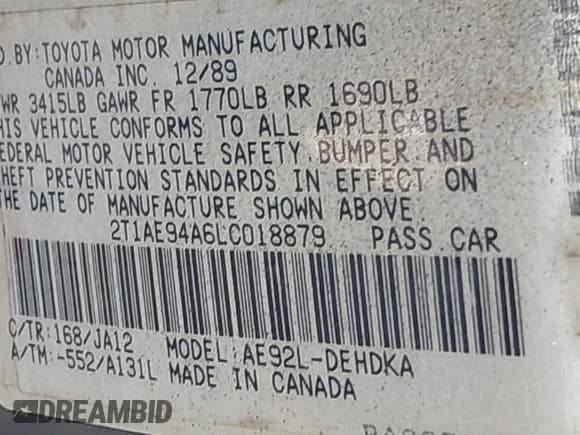 ✅ 1990 Toyota Corolla • VIN: 2T1AE94A6LC018879 • Lot: 42645325. Listed on IAAI with 173,209 mi. Free auction sales archive from the USA and detailed vehicle history report at DreamBid. Image 9.