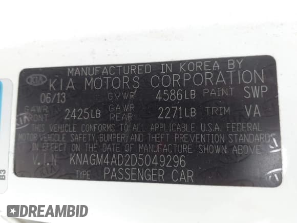 ✅ 2013 Kia Optima LX • VIN: KNAGM4AD2D5049296 • Lot: 41234826. Listed on IAAI with 211,423 mi. Free auction sales archive from the USA and detailed vehicle history report at DreamBid. Image 9.
