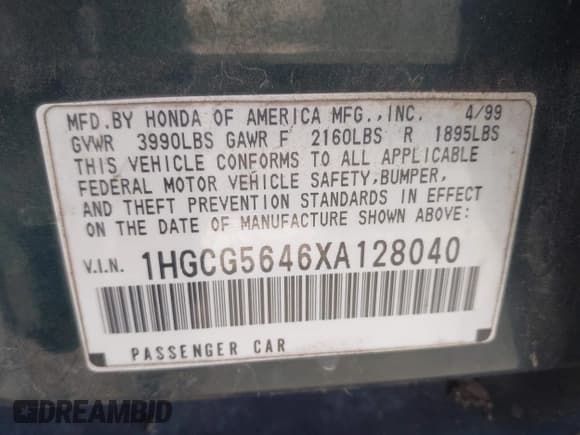 ✅ 1999 Honda Accord LX • VIN: 1HGCG5646XA128040 • Лот: 43607001. Опубликован ранее на IAAI с пробегом Не указан. Бесплатный доступ к архиву аукционных продаж из США и подробный отчёт об истории автомобиля на DreamBid. Изображение 9.