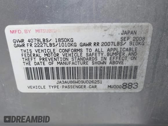 ✅ 2009 Mitsubishi Lancer GTS • VIN: JA3AU86W09U026251 • Lot: 43579810. Listed on IAAI with 205,783 mi. Free auction sales archive from the USA and detailed vehicle history report at DreamBid. Image 9.