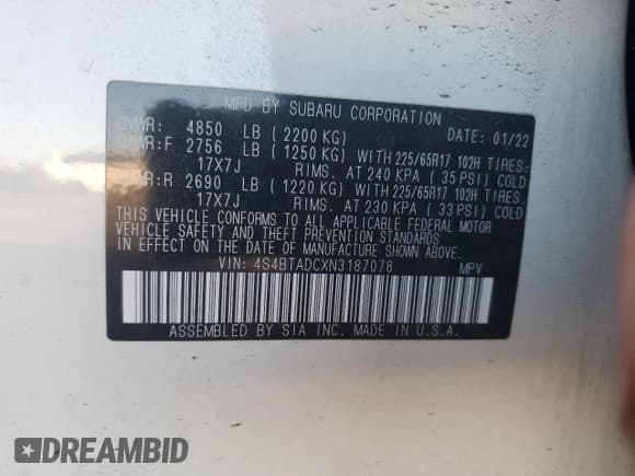 ✅ 2022 Subaru Outback Premium • VIN: 4S4BTADCXN3187078 • Lot: 89897325. Listed on Copart with 47,953 mi. Free auction sales archive from the USA and detailed vehicle history report at DreamBid. Image 13.