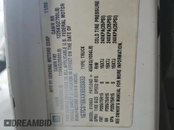 ✅ 1999 GMC Sonoma SLS • VIN: 1GTCS19XXX8503933 • Lot: 48311685. Listed on Copart with Not provided. Free auction sales archive from the USA and detailed vehicle history report at DreamBid. Image 12.