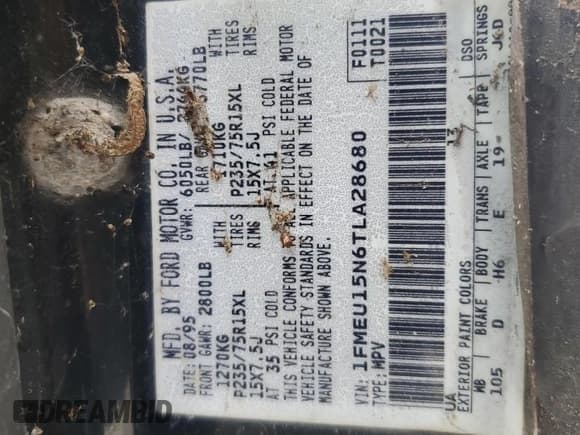 ✅ 1996 Ford Bronco XL • VIN: 1FMEU15N6TLA28680 • Lot: 70108345. Listed on Copart with 184,673 mi. Free auction sales archive from the USA and detailed vehicle history report at DreamBid. Image 13.