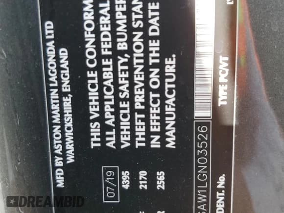 ✅ 2020 Aston Martin Vantage • VIN: SCFSMGAW1LGN03526 • Лот: 69481805. Опубликован ранее на Copart с пробегом 30 859 миль. Бесплатный доступ к архиву аукционных продаж из США и подробный отчёт об истории автомобиля на DreamBid. Изображение 12.