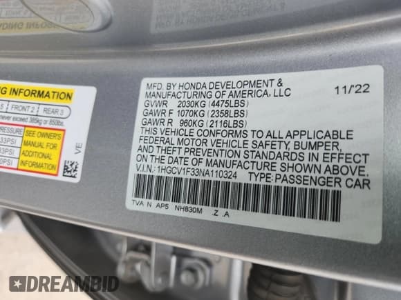 ✅ 2022 Honda Accord Sport • VIN: 1HGCV1F33NA110324 • Лот: 81690315. Опубликован ранее на Copart с пробегом 33 257 миль. Бесплатный доступ к архиву аукционных продаж из США и подробный отчёт об истории автомобиля на DreamBid. Изображение 13.