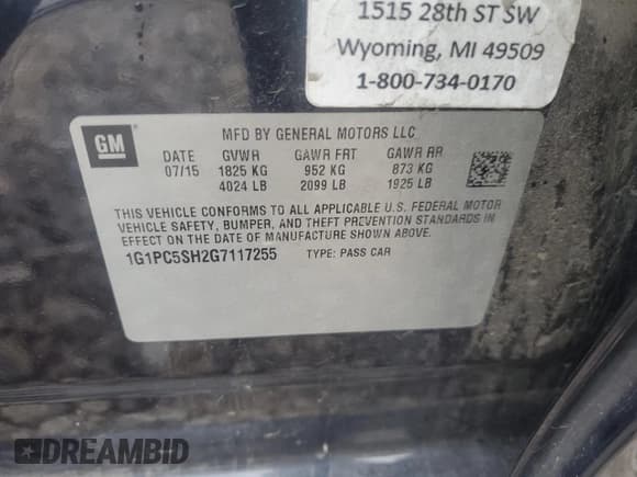 ✅ 2016 Chevrolet Cruze LS • VIN: 1G1PC5SH2G7117255 • Lot: 66146015. Listed on Copart with 116,790 mi. Free auction sales archive from the USA and detailed vehicle history report at DreamBid. Image 13.