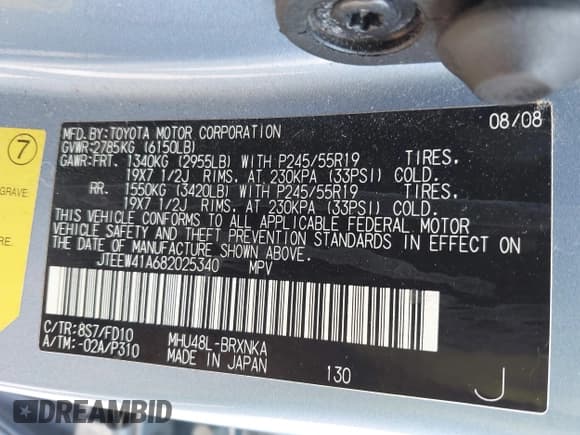 ✅ 2008 Toyota Highlander • VIN: JTEEW41A682025340 • Lot: 43206806. Listed on IAAI with 2,544,839 mi. Free auction sales archive from the USA and detailed vehicle history report at DreamBid. Image 9.