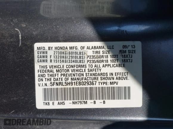 ✅ 2014 Honda Odyssey Touring • VIN: 5FNRL5H91EB029367 • Лот: 43429962. Опубликован ранее на IAAI с пробегом 176 794 миль. Бесплатный доступ к архиву аукционных продаж из США и подробный отчёт об истории автомобиля на DreamBid. Изображение 9.