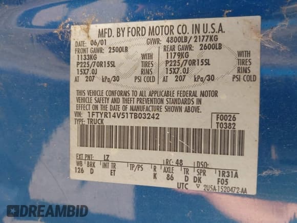 ✅ 2001 Ford Ranger XL • VIN: 1FTYR14V51TB03242 • Lot: 43078214. Listed on IAAI with 136,242 mi. Free auction sales archive from the USA and detailed vehicle history report at DreamBid. Image 9.