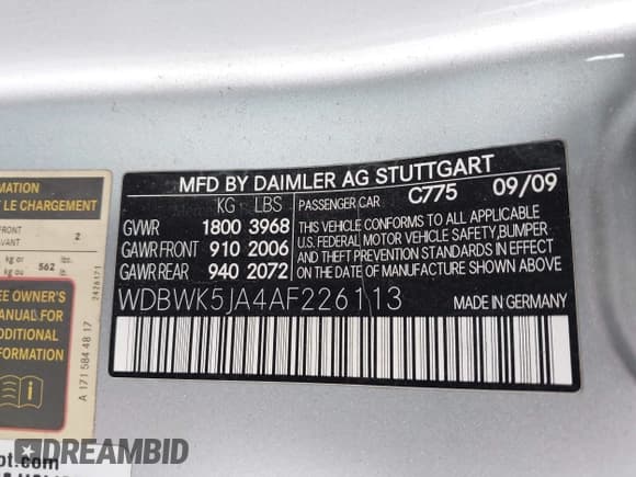 ✅ 2010 Mercedes-Benz SLK • VIN: WDBWK5JA4AF226113 • Lot: 42109070. Listed on IAAI with 123,725 mi. Free auction sales archive from the USA and detailed vehicle history report at DreamBid. Image 9.