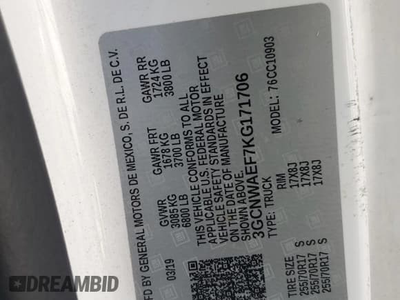 ✅ 2019 Chevrolet Silverado 1500 Work Truck • VIN: 3GCNWAEF7KG171706 • Lot: 56628045. Wystawiony na Copart z przebiegiem 119 907 mil. Bezpłatny archiwum sprzedaży aukcyjnych z USA i szczegółowy raport historii pojazdu na DreamBid. Zdjęcie 12.