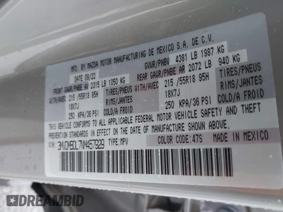 ✅ 2022 Mazda CX-30 S Premium • VIN: 3MVDMBDL7NM457929 • Lot: 43534034. Listed on IAAI with 38,540 mi. Free auction sales archive from the USA and detailed vehicle history report at DreamBid. Image 9.