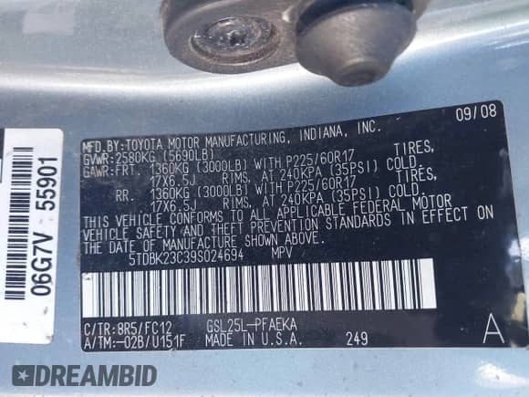 2009 Toyota Sienna LE with VIN 5TDBK23C39S024694, listed as a IAAI auction lot 41832339 with Not provided miles and . Bid and sale history available at DreamBid. Image 9.