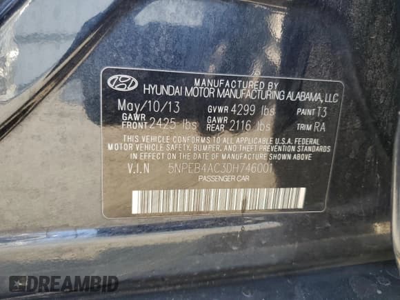 ✅ 2013 Hyundai Sonata GLS • VIN: 5NPEB4AC3DH746001 • Lot: 69609474. Listed on Copart with Not provided. Free auction sales archive from the USA and detailed vehicle history report at DreamBid. Image 13.