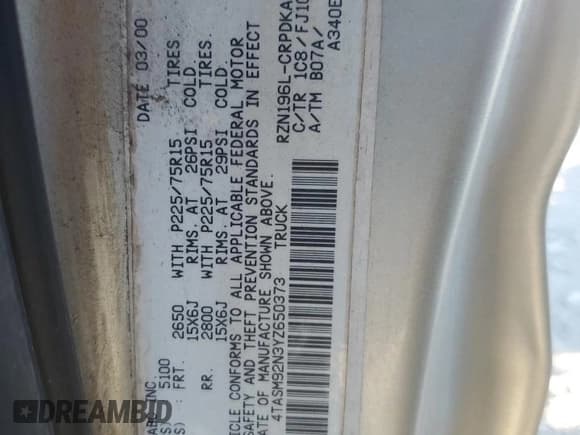 ✅ 2000 Toyota Tacoma PreRunner • VIN: 4TASM92N3YZ650373 • Lot: 86861595. Listed on Copart with 139,980 mi. Free auction sales archive from the USA and detailed vehicle history report at DreamBid. Image 12.